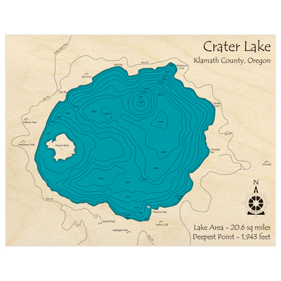 Bathymetric topo map of Crater Lake with roads, towns and depths noted in blue water