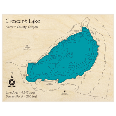 Bathymetric topo map of Crescent Lake with roads, towns and depths noted in blue water