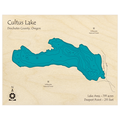 Bathymetric topo map of Cultus Lake with roads, towns and depths noted in blue water