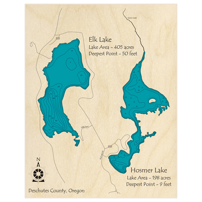 Bathymetric topo map of Hosmer Lake and Elk Lake with roads, towns and depths noted in blue water