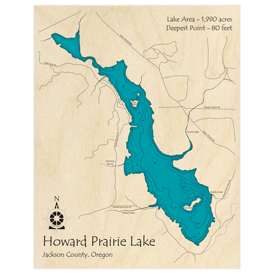 Bathymetric topo map of Howard Prairie Lake with roads, towns and depths noted in blue water