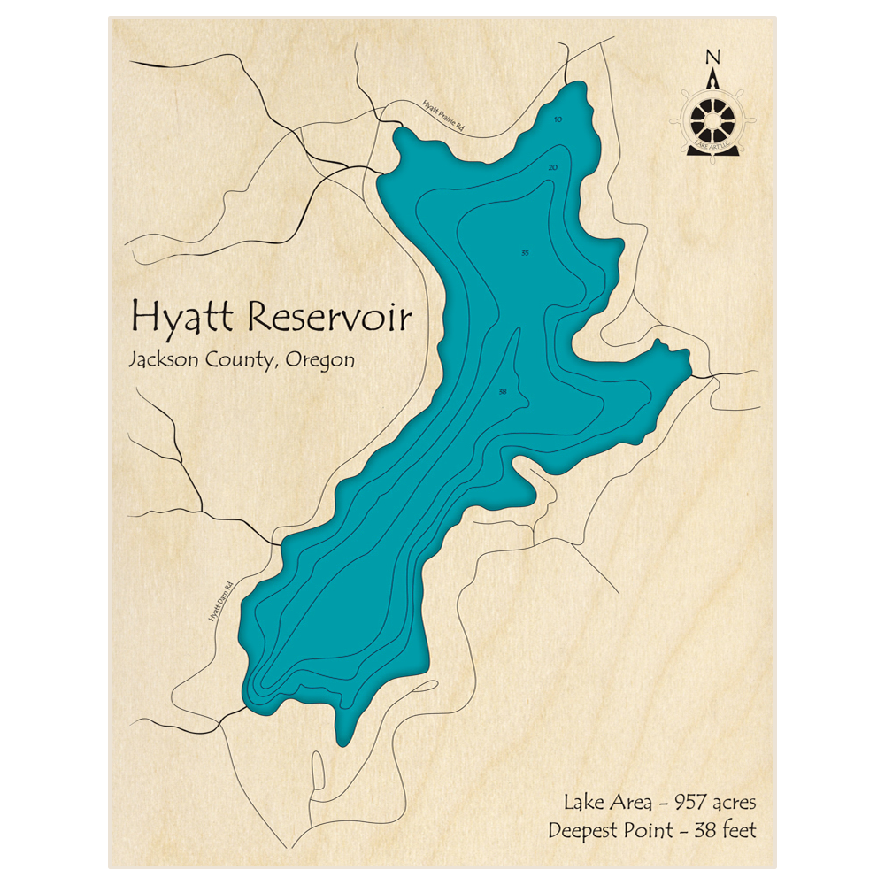 Bathymetric topo map of Hyatt Reservoir with roads, towns and depths noted in blue water