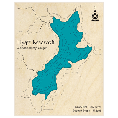 Bathymetric topo map of Hyatt Reservoir with roads, towns and depths noted in blue water