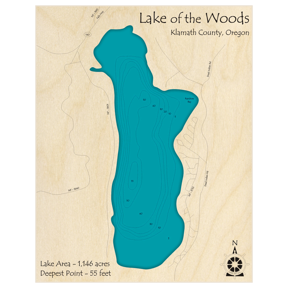 Bathymetric topo map of Lake of the Woods with roads, towns and depths noted in blue water