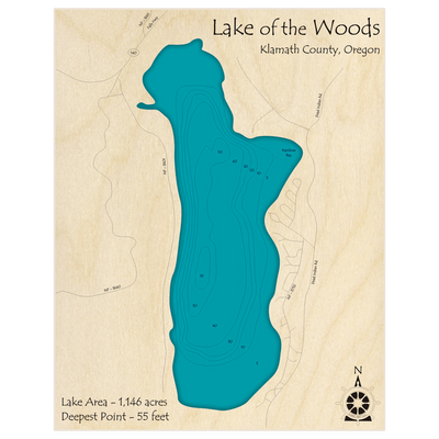 Bathymetric topo map of Lake of the Woods with roads, towns and depths noted in blue water