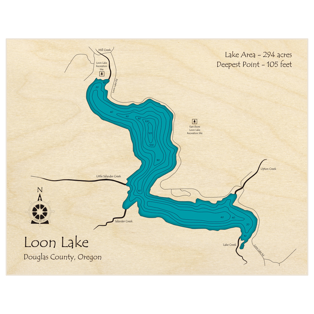 Bathymetric topo map of Loon Lake with roads, towns and depths noted in blue water