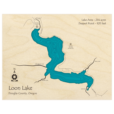 Bathymetric topo map of Loon Lake with roads, towns and depths noted in blue water