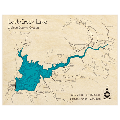 Bathymetric topo map of Lost Creek with roads, towns and depths noted in blue water
