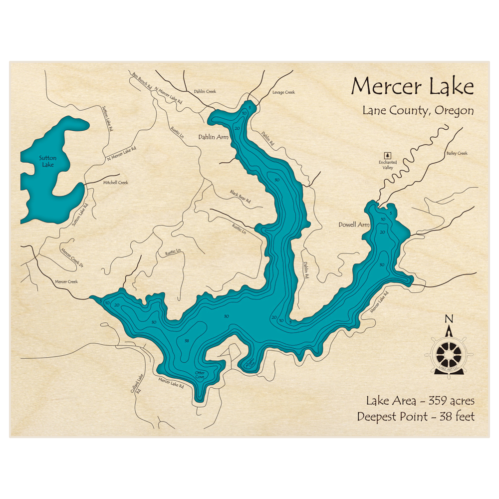 Bathymetric topo map of Mercer Lake with roads, towns and depths noted in blue water