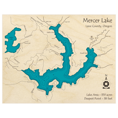 Bathymetric topo map of Mercer Lake with roads, towns and depths noted in blue water