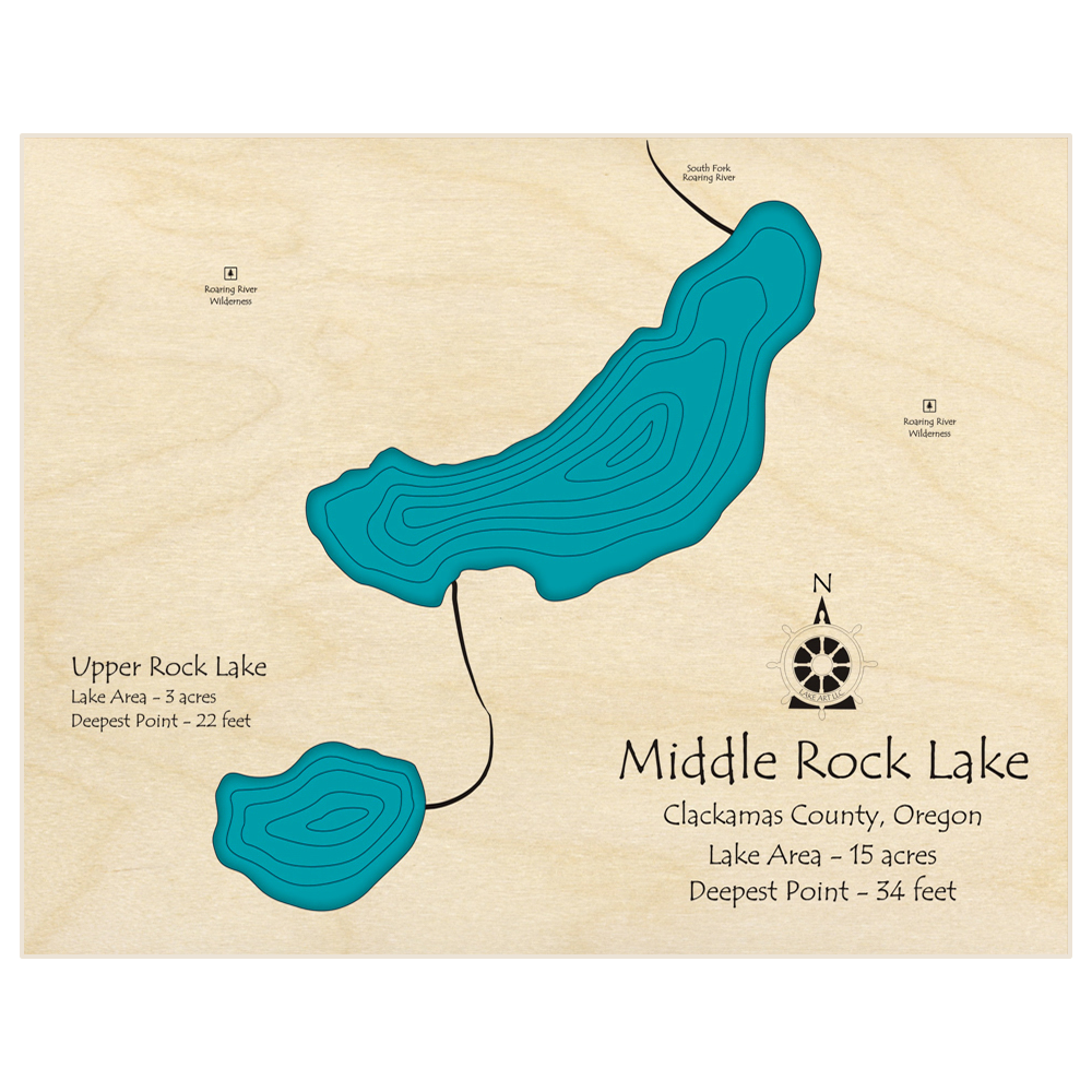 Bathymetric topo map of Middle and Upper Rock Lakes  with roads, towns and depths noted in blue water