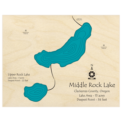 Bathymetric topo map of Middle and Upper Rock Lakes  with roads, towns and depths noted in blue water