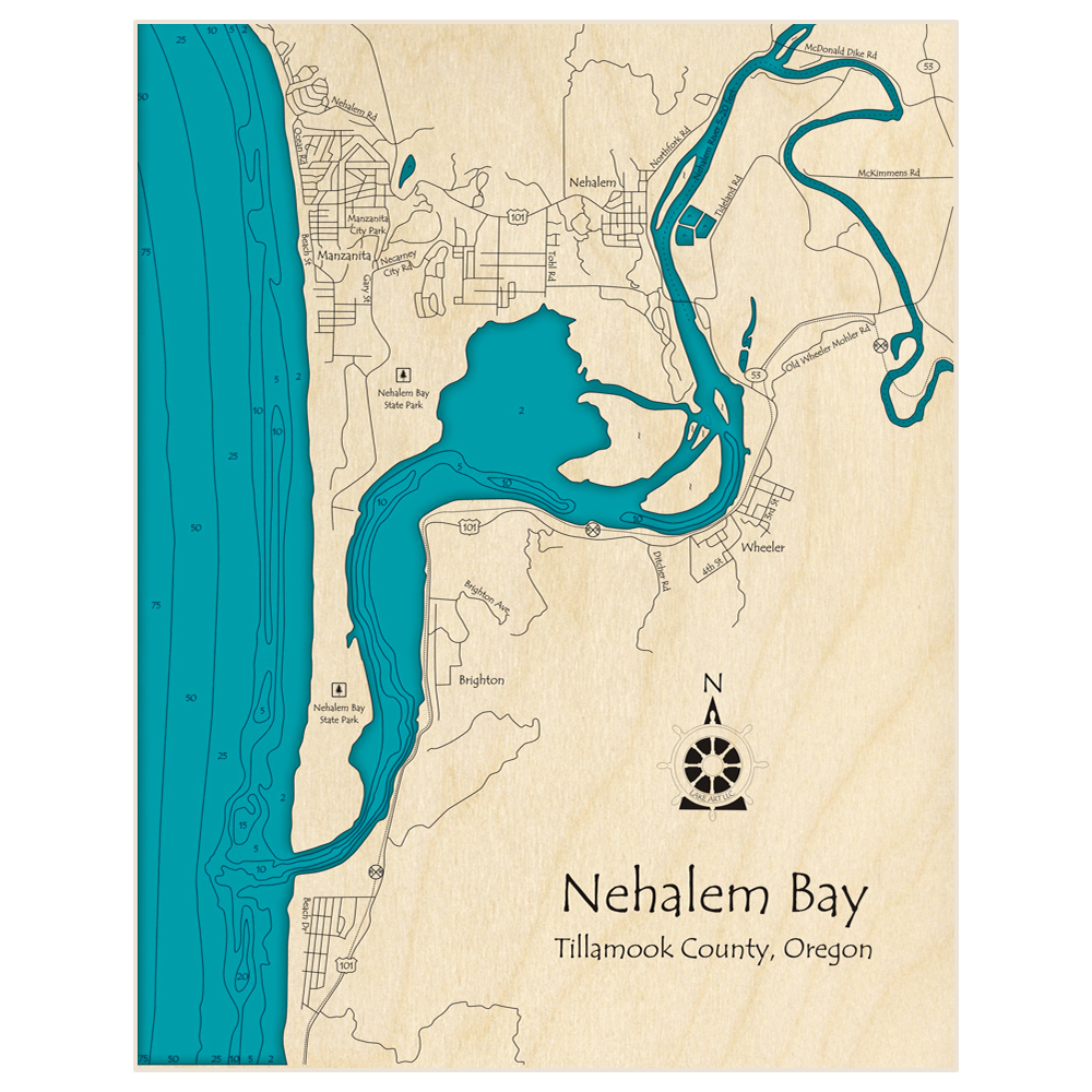 Bathymetric topo map of Nehalem Bay with roads, towns and depths noted in blue water