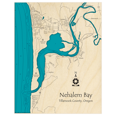 Bathymetric topo map of Nehalem Bay with roads, towns and depths noted in blue water