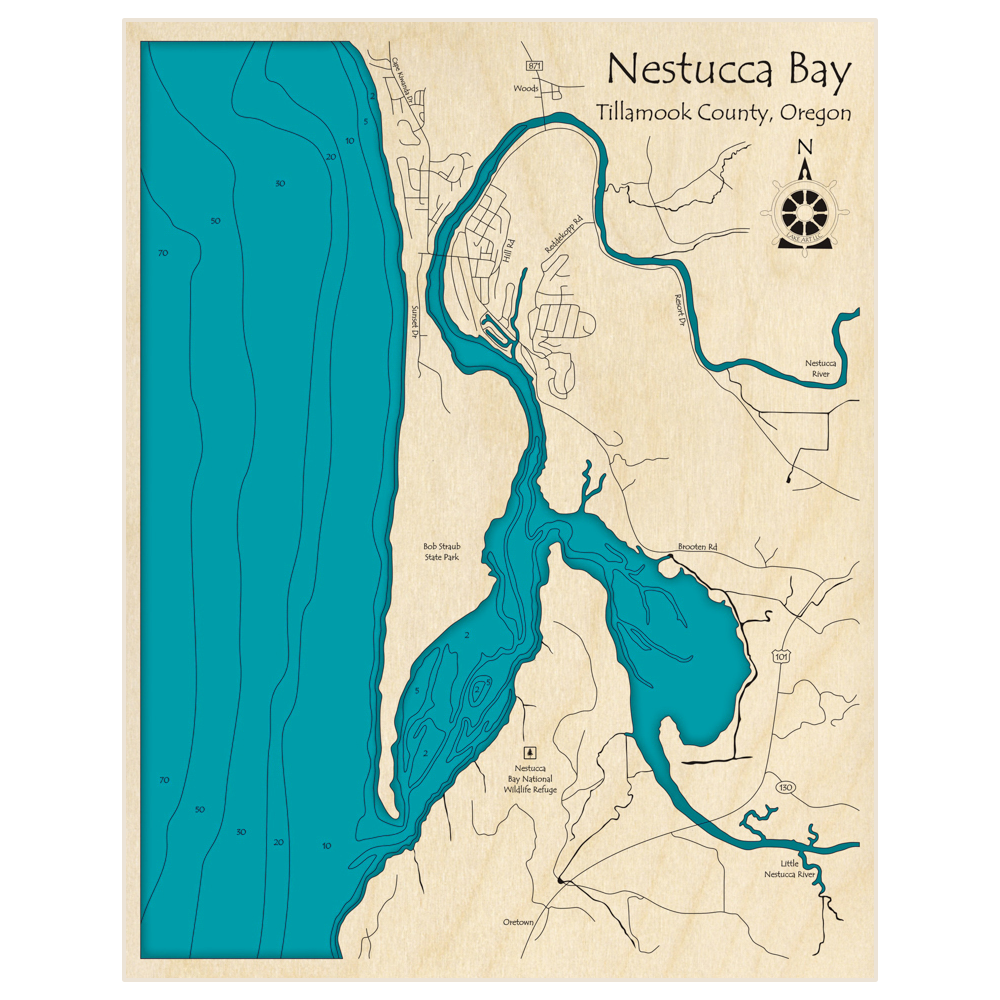 Bathymetric topo map of Nestucca Bay with roads, towns and depths noted in blue water