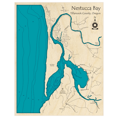Bathymetric topo map of Nestucca Bay with roads, towns and depths noted in blue water