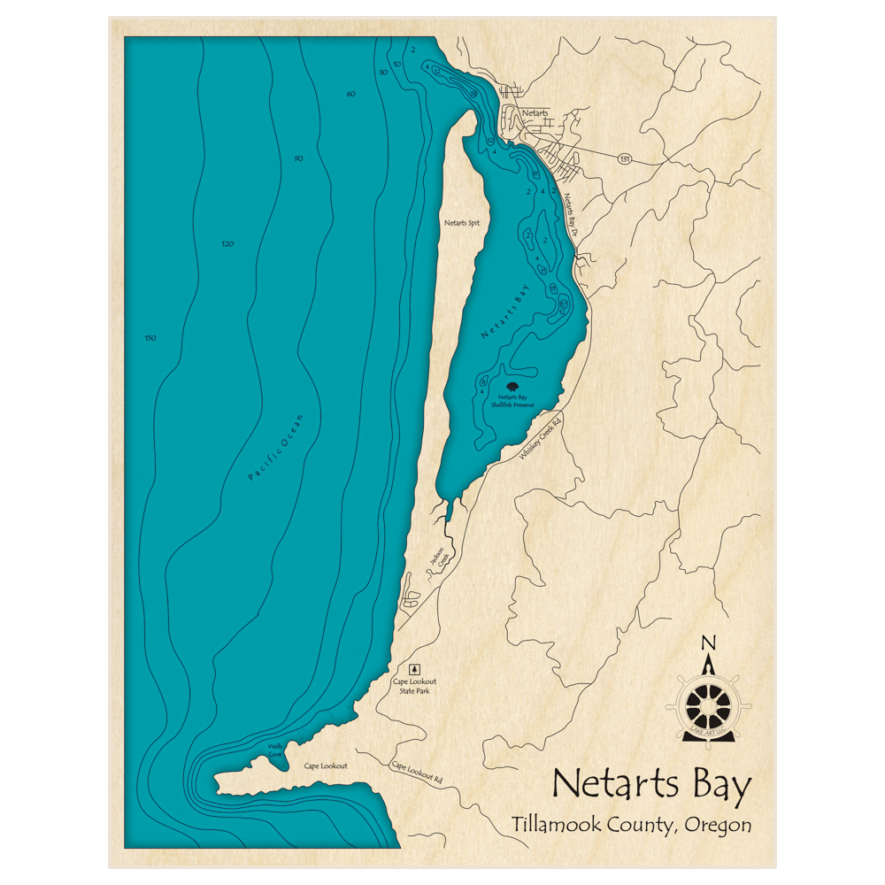 Bathymetric topo map of Netarts Bay with roads, towns and depths noted in blue water