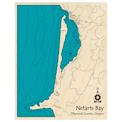 Bathymetric topo map of Netarts Bay with roads, towns and depths noted in blue water