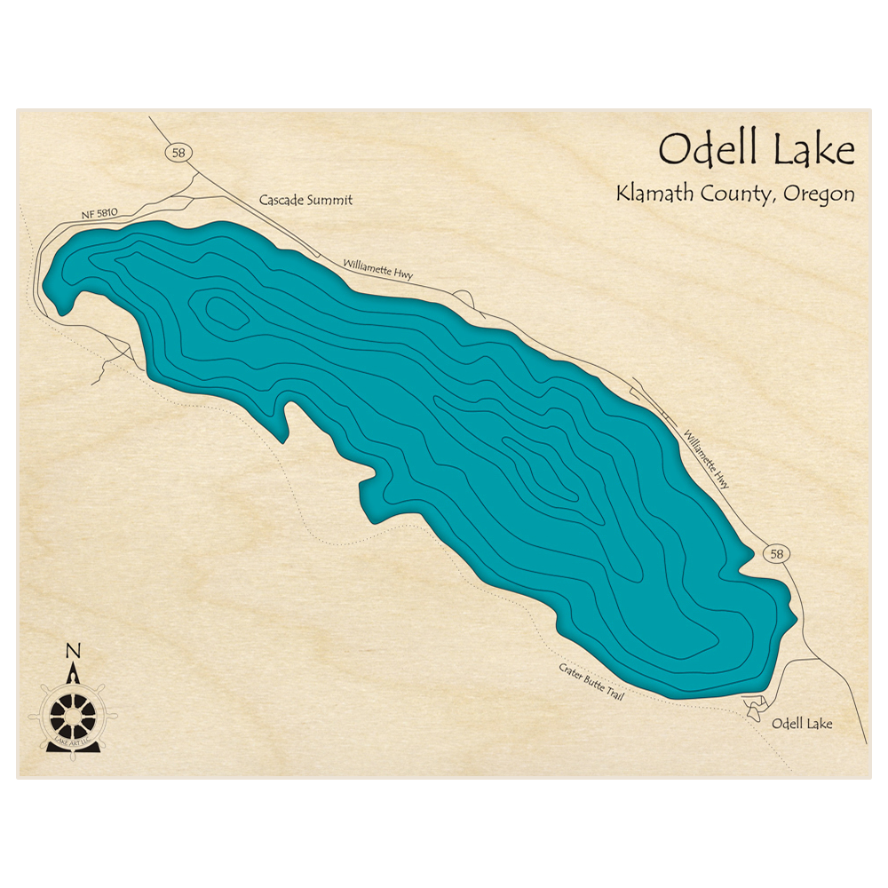 Bathymetric topo map of Odell Lake  with roads, towns and depths noted in blue water