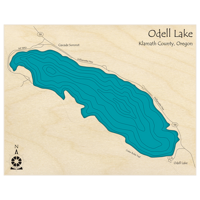 Bathymetric topo map of Odell Lake  with roads, towns and depths noted in blue water