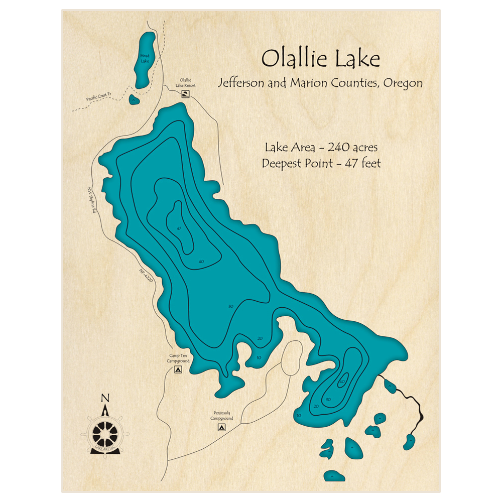 Bathymetric topo map of Olallie Lake with roads, towns and depths noted in blue water