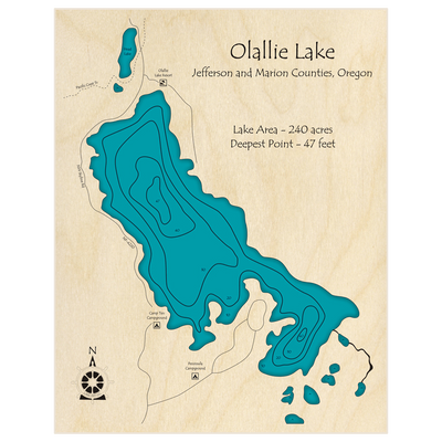 Bathymetric topo map of Olallie Lake with roads, towns and depths noted in blue water