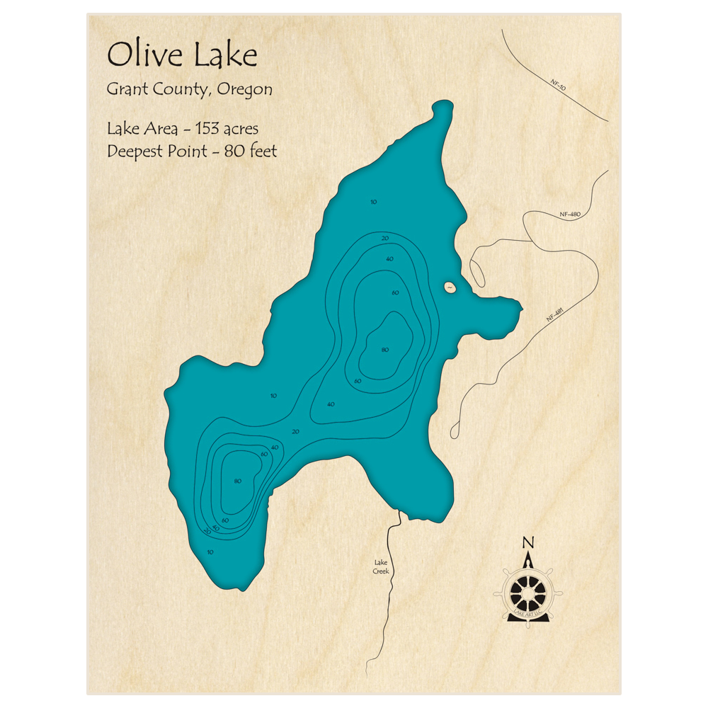 Bathymetric topo map of Olive Lake with roads, towns and depths noted in blue water