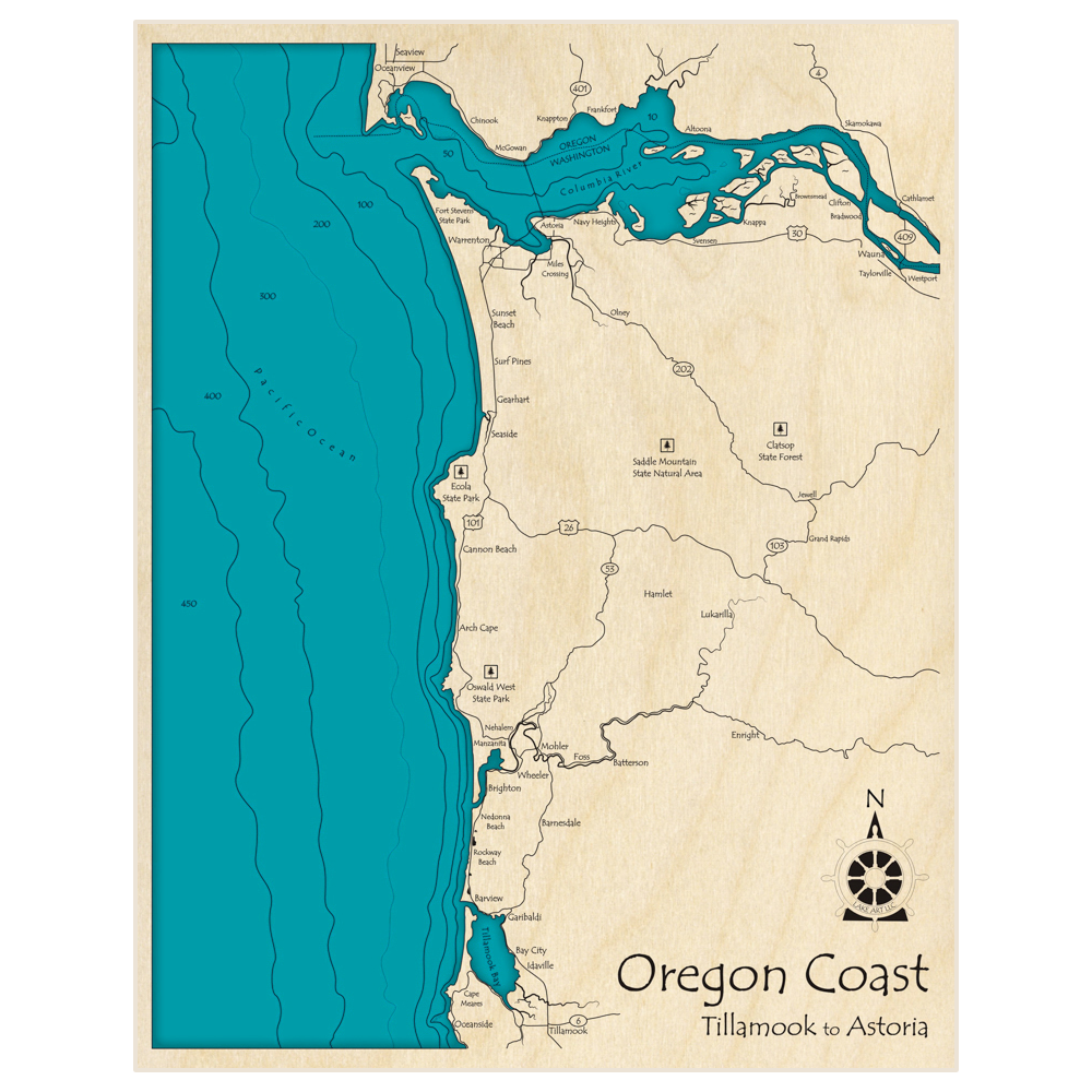 Bathymetric topo map of Oregon Coast (Tillamook to Astoria) with roads, towns and depths noted in blue water