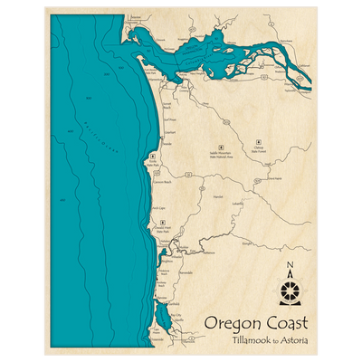 Bathymetric topo map of Oregon Coast (Tillamook to Astoria) with roads, towns and depths noted in blue water