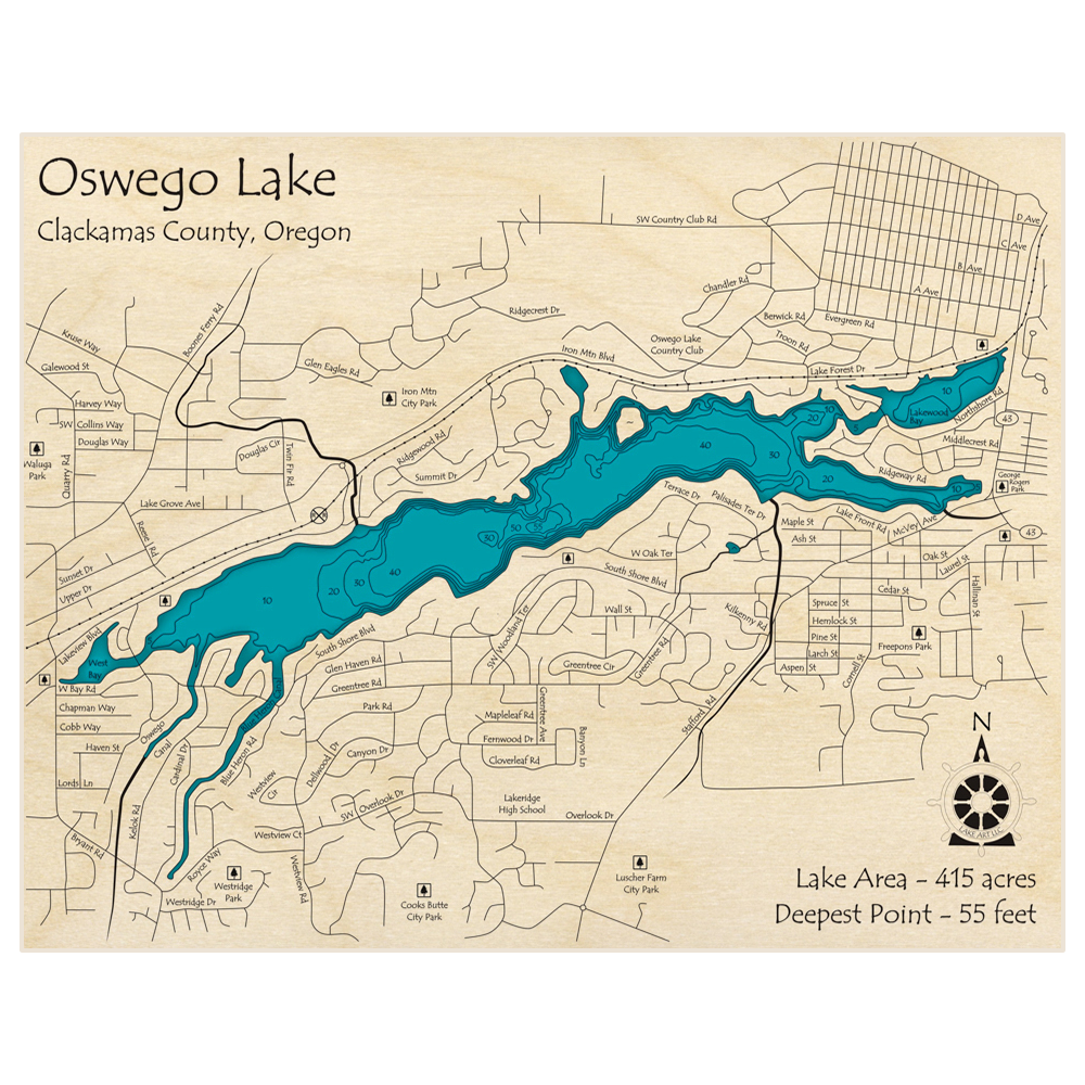 Bathymetric topo map of Oswego Lake with roads, towns and depths noted in blue water