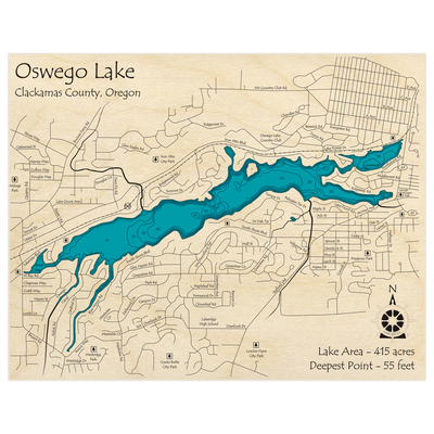 Bathymetric topo map of Oswego Lake with roads, towns and depths noted in blue water