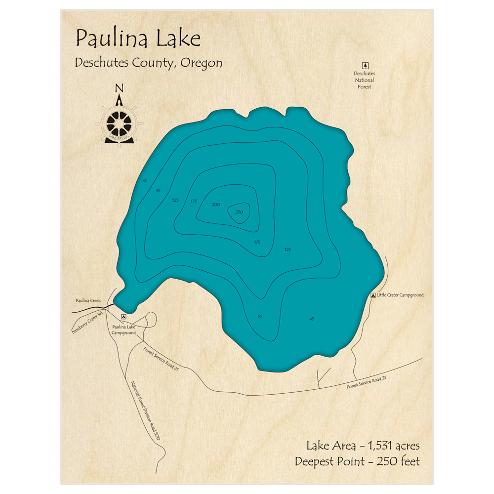 Bathymetric topo map of Paulina Lake with roads, towns and depths noted in blue water