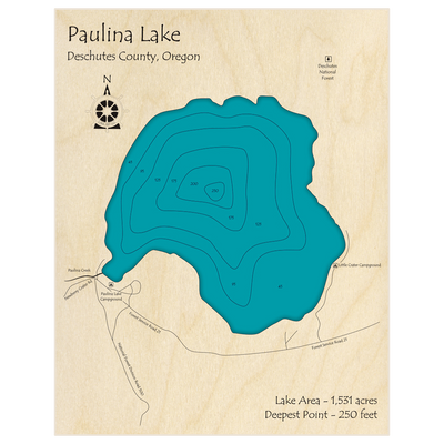 Bathymetric topo map of Paulina Lake with roads, towns and depths noted in blue water