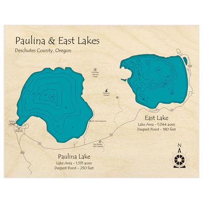 Bathymetric topo map of Paulina and East Lakes with roads, towns and depths noted in blue water