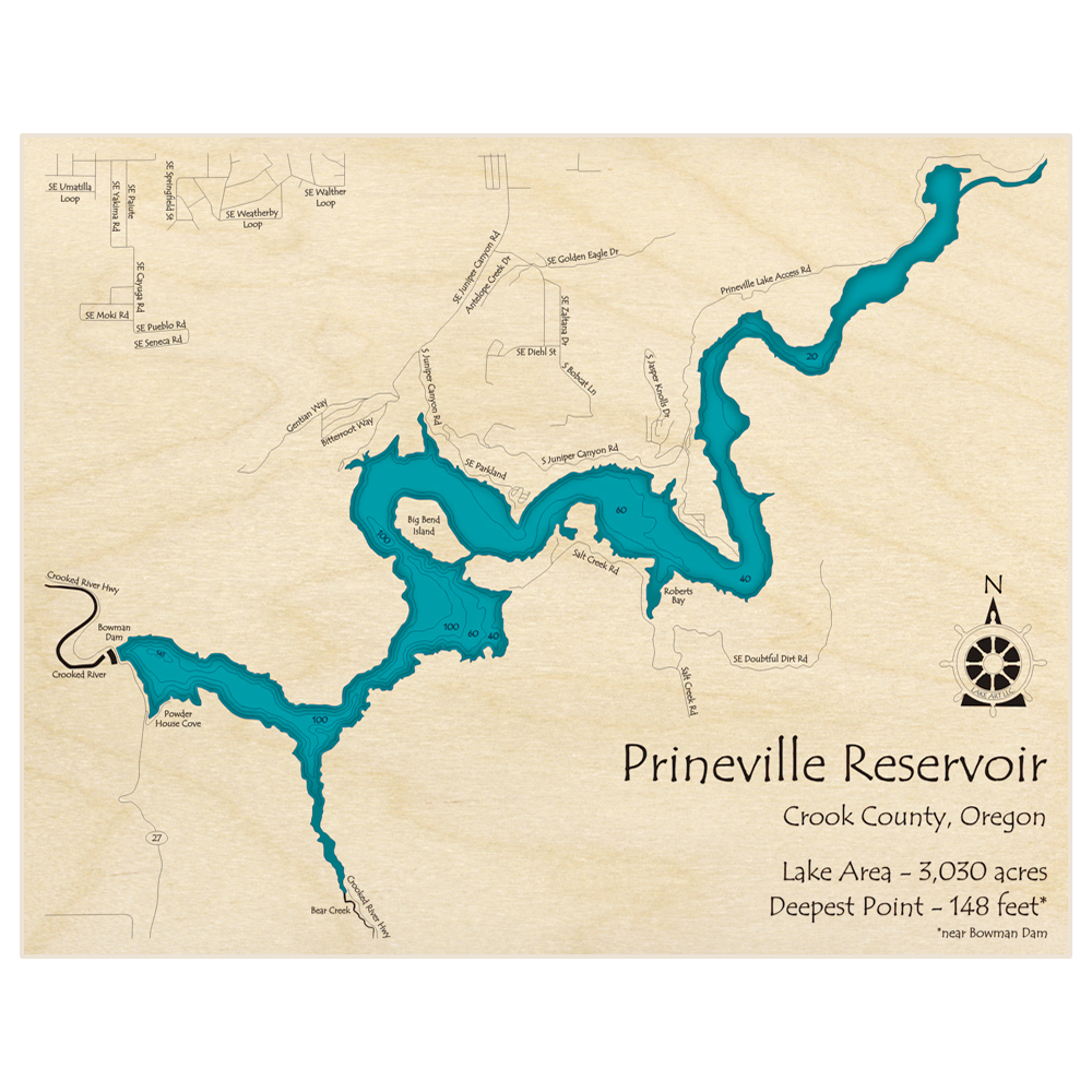 Bathymetric topo map of Prineville Reservoir with roads, towns and depths noted in blue water