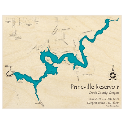 Bathymetric topo map of Prineville Reservoir with roads, towns and depths noted in blue water