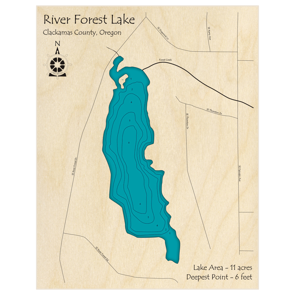 Bathymetric topo map of River Forest Lake with roads, towns and depths noted in blue water
