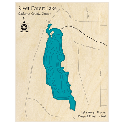 Bathymetric topo map of River Forest Lake with roads, towns and depths noted in blue water