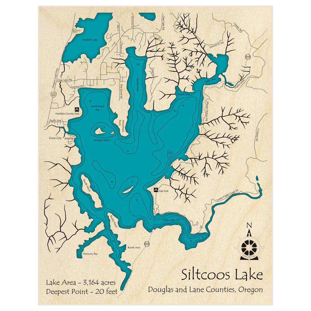 Bathymetric topo map of Siltcoos Lake with roads, towns and depths noted in blue water