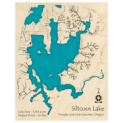 Bathymetric topo map of Siltcoos Lake with roads, towns and depths noted in blue water