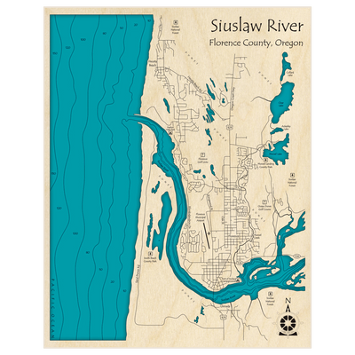 Bathymetric topo map of Siiuslaw River (At Florence) with roads, towns and depths noted in blue water