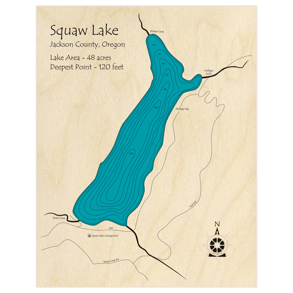 Bathymetric topo map of Squaw Lake with roads, towns and depths noted in blue water