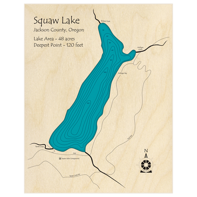 Bathymetric topo map of Squaw Lake with roads, towns and depths noted in blue water