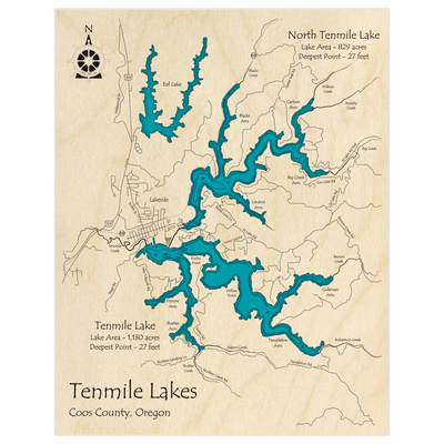 Bathymetric topo map of Tenmile Lake with roads, towns and depths noted in blue water