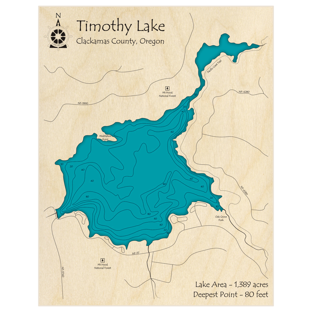 Bathymetric topo map of Timothy Lake with roads, towns and depths noted in blue water