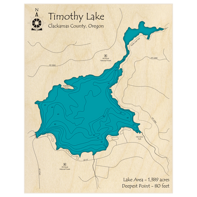 Bathymetric topo map of Timothy Lake with roads, towns and depths noted in blue water