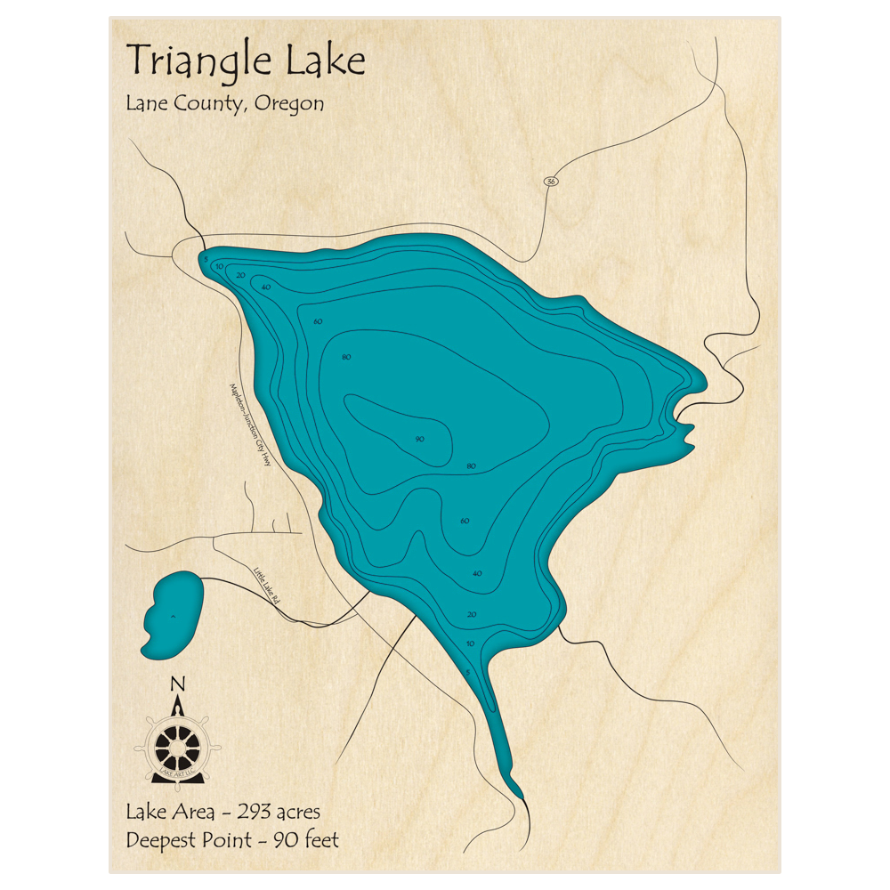 Bathymetric topo map of Triangle Lake with roads, towns and depths noted in blue water