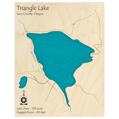 Bathymetric topo map of Triangle Lake with roads, towns and depths noted in blue water