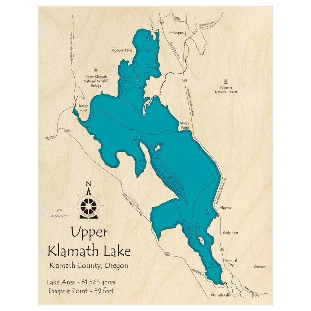 Bathymetric topo map of Upper Klamath Lake with roads, towns and depths noted in blue water