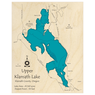 Bathymetric topo map of Upper Klamath Lake with roads, towns and depths noted in blue water